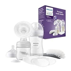 Philips Avent rokas krūts sūkņa dāvanu komplekts — viens krūts sūknis, 260 ml un 125 ml mazuļi, nesatur BPA, 4 vienreizējās lietošanas barošanas spilventiņi, polipropilēns, caurspīdīgs (modelis SCD430/60)