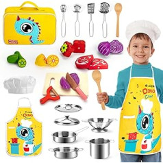 Esriptoyz Kitchen Toy Accessories, Children's Kitchen Accessories, Wooden Toy Food Play Kitchen, Stainless Steel Cooking Set, Children's Toy, Wooden Kitchen Toy in Storage Box for Toddlers