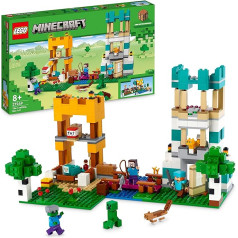 LEGO 21249 Minecraft The Crafting Box 4.0, 2-in-1 komplekts celtniecībai, torņi uz upes vai kaķu būda, ar Aleksu, Stīvu, Creeper un Zombie Mobs, darbības rotaļlieta bērniem, zēniem un meitenēm