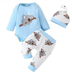 Saeevima Baby Boys 3-Piece Clothing Set Long Sleeve Round Neck Pullover Letter Print Body Romper Elastic Waist Trousers with Hat 0-18 Months Children Soft Warm Baby Set