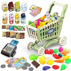 deAO Children's Shopping Trolley for Food Toddlers 65 Food Fruit Vegetable Pretend Play Food Roll Play Educational Toy Play Kitchen Toy Store Playset Green