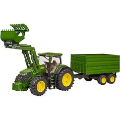 bruder 03155 - John Deere 7R 350 with Front Loader and Tandem Truck Transport Trailer - 1:16 Tractor Bulldog Tractor Agriculture Farm Trailer Tipper Bworld Toy