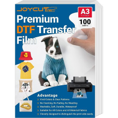 JOYCUT DTF Transfer Film - A3 (11.7 x 16.5 inches), 100 Sheets, Double Sided Matte Finish, DTF Film for Sublimation and DTF Inkjet Printer, Direct Transfer Paper for T-Shirts