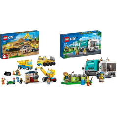 LEGO 60391 City celtniecības transportlīdzekļi un celtnis ar nojaukšanas bumbu un 60386 pilsētas atkritumu savākšanu, atkritumu mašīnas rotaļlieta ar riteņu tvertnēm bērniem no 5 gadiem, izglītojoša un šķirošanas rotaļlieta,