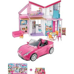 Barbie FXG57 Malibu House Leļļu namiņš + Bārbija lelle un automašīna, Barbie Car spīdīgi rozā krāsā, DVX59