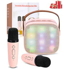 Karaoke Machine with 2 Wireless Microphones, Portable Bluetooth Karaoke Machine for Children Adults with Voice Changing Effects LED Lights Boys Girls Gifts Home Party (Pink)