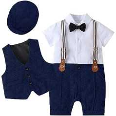 Baby Boys Smokinga uzvalks Kombinezons Džentlmeņu tauriņš ar garām piedurknēm vestes cepure 3-daļīgs apģērbu komplekts Mazu bērnu kristības kāzas, svinības 1. dzimšanas dienas ballīte Pavasara rudens zīdaiņu apģērbs