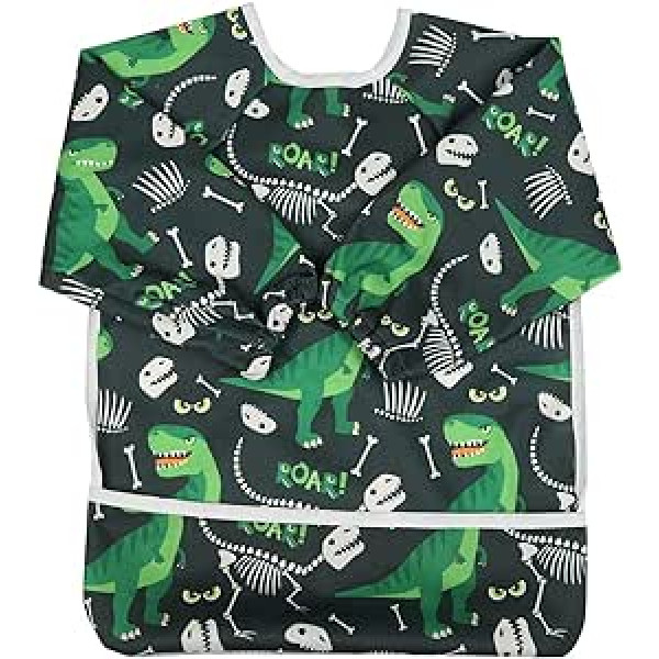 Sigzagor Baby Bib krekls ar garām piedurknēm ar kabatu 1–3 gadus vecam mazulim zēniem (zaļie dinozauri) 15,5 x 12,5 collas