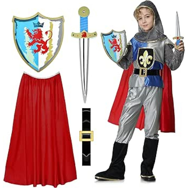 WELLCHY Knight Costume Children, Boys Knight Costume with Accessories, Medieval King Knight Costumes Child for Carnival Halloween Fancy Dress Parties