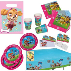 HHO Paw Patrol Girl Party Set 69 Daces 12 Viesu šķīvjiem Krūzes Salvetes Galdauta Somas Ielūgumi