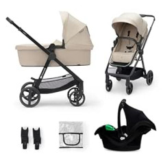 Jaunie Kinderkraft ratiņi 3-in-1, pilns komplekts līdz 22 kg, bērnu sēdeklītis I izmērs 40-75 cm komplektā, kombinēti rati ar kāju aizsargplēvi, ūdensnecaurlaidīgs pārvalks ar UPF50+, nolokāms, guļus stāvoklī, bēšs