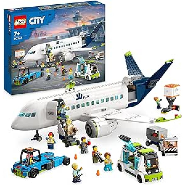 LEGO 60367 City Passenger Plane Toy, Large Airplane Model with 4 Vehicles such as Apron Bus and Pushback Tug, Plus 9 Mini Figures, Great Christmas Gift for Boys and Girls