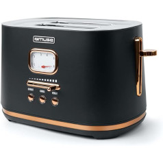 Muse Stainless steel toaster in black retro design, analogue display, illuminated buttons, 6 browning levels, 2 slices, MS-130 BC, vintage look, with crumb drawer