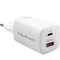 65w gan ultra wall charger | 5-20v | 2.25-3.25a | 1 x USB Type C PD | 1 x USB QC 3.0 | White