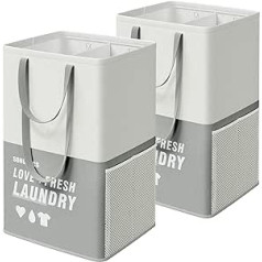 SONGMICS Laundry Basket, 2 Compartments, 90 Litres, Set of 2, Large Laundry Bag, Standing, Foldable, Laundry Sorter, 2 Short, 2 Long Handles, Laundry Room, Bedroom, Bathroom, Light Grey LCB209G12