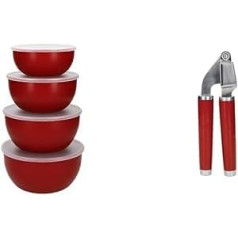 KitchenAid — salātu bļodas, 591 ml, izgatavotas no plastmasas ar vāku, sarkans, komplekts ar 4 un ķiploku spiede, nerūsējošā tērauda spiede ir droša trauku mazgājamajā mašīnā — Empire Red