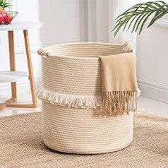 YOUDENOVA Cotton Rope Laundry Basket, Storage Basket, Boho Decorative Basket, Braided Laundry Hamper with Handles, Toy Storage for Children's Room, 40 x 43 cm, Beige