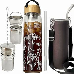 drinmoaer 1 Litre Glass Drinking Bottle with Bamboo Lid and Cover for Loose Tea, Tea Bottle with Strainer to Go, Glass Water Bottle 1 L (Flower)