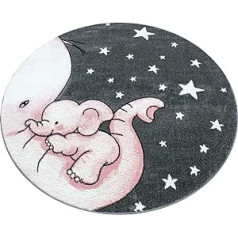 Bravich LARGE ROUND PINK GREY WHITE ELEPHANT & STARS PASTEL COLOURS SUPER SOFT THICK ANTI ALLERGENIC KIDS ROOM RUG 6