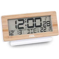 ADE Radio Alarm Clock Digital with Battery | Table Clock with Temperature Display and Calendar | Real Bamboo Case Front | LCD Display with Lighting at the Touch of a Button