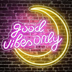 LightingWill Good Vibes Only Neonschild, Mond-Neonlicht, Stromversorgung über USB ar Schalter, LED-Neonlicht-Schilder für Schlafzimmer, Wanddekoration, Spielzimmer, Party, Bar-Dekor, Rosa/Gelb, 36,8