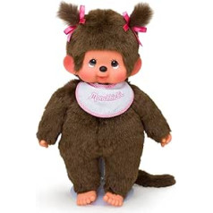 Sekiguchi 255530 - Oriģināla Monchhichi meitene, plīša figūra ar balti rozā priekšautiņu un bizēm ar bantēm, apmēram 45 cm gara rotaļlieta no brūna plīša