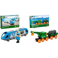 BRIO Bahn 33506 Blue Train (Battery Operated) & Train 33698 Green Crane Truck with Trailer and Cargo, White