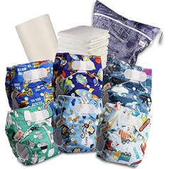 Littles & Bloomz 605VM6 atkārtoti lietojamas autiņbiksīšu auduma autiņbiksītes ar Velcro aizdari, 6 autiņbiksītes + 6 ieliktņi, 1 vienreizējās lietošanas bambusa ieliktnis, 1 mitrā autiņu soma