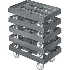 Iepakojumā 5 transportēšanas riteņi kastēm 60 x 40 cm ar 2 fiksētiem ritentiņiem un 2 grozāmiem ritentiņiem pelēkā krāsā