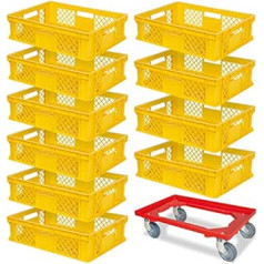 10 Euro Containers, L x W x H 600 x 400 x 150 mm, Industrial Quality, Food-Safe, Yellow + 1 Transport Wheel, Red