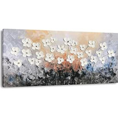 Fokenzary ar rokām apgleznota krāsaina abstrakta glezna uz audekla, balti ziedi, sienas dekors, ierāmēts, gatavs pakarināšanai