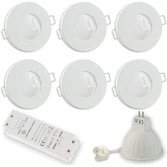 6 x LED padziļināti prožektori, balti 5 vati, silti balti, īpaši plakani 12 V MR16 — piemērots vannas istabai, āra IP44 — 55–60 mm caurums — vannas istabas apaļais prožektora punkts