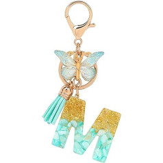 MWOOT Letter M Keychain Initial Letter Keyring, Alphabet Resin Flower Key Chain with Butterfly Tassel Pendant Handbag Purse Charm, Pink Petal Keyring for Women (M), multicoloured