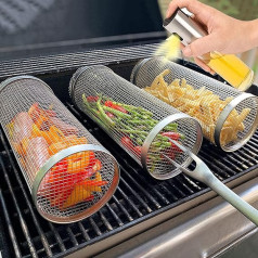 Rollender Grillkorb, Runden BBQ-grillnetzgestell, Edelstahl Grillkorb Aus Drahtgeflecht Für Gemüse, Pommes, Vielseitiges Camping-kochgeschirr, 30 cm-3 gab.