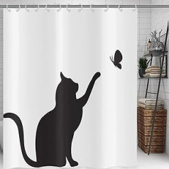 Hnmdmyi dušas aizkars Funny Cat 240 x 180 cm, melns kaķēns ķer tauriņu siluetu vannas aizkars bērniem Cute karikatūra Dzīvnieks Melnbalts Minimālisms Art Vannas aizkars ar āķiem