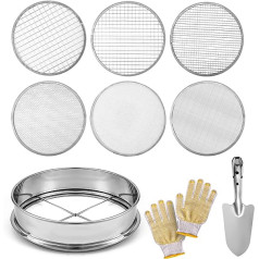 SAVITA Floor Sieve Garden Strainer Set, 1 Piece 30 cm Stainless Steel Strainer Pan and 6 Pieces 0.7/2/3/6/9/12 mm Mesh Size Garden Sieve Garden Soil Filter Dirt Garden Sieve