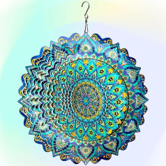 Hippolytusiart Mandala Pfau Blau Ozean Windspiel, Edelstahl, Weihnachtsdekoration, Windskulptur für Hof und Garten, 30,5 cm, kinetische Hofkunst-Dekorationen für drinnen und draußen