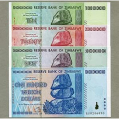 Banknošu kolekcija izglītības nolūkos, 100, 50, 20 un 10 triljonu dolāru banknotes no Zimbabves, inflācijas rekords, valūta, banknotes