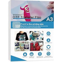 WOWOCUT DTF Transfer Film A3 (29.7 x 41.9 cm) 50 Sheets Double Sided Matte PET Heat Transfer Paper for Direct DTF Printing on T-Shirts Textile for Epson Inkject Printers