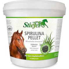 Stiefel Spirulina zirgiem, atbalsta muskuļu vielmaiņu, veicina muskuļu veidošanu, aļģes, mikroaļģes, ideāli piemērota atpūtai, sportam, sniegumam un vaislas zirgiem, granulas, 1,5 kg