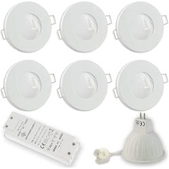 6x LED Recessed Spotlights White 7 Watt Warm White Super Flat 12 V MR16 - Suitable for Bathroom, Outdoor Use IP44-55-60 mm Bore Hole - Bathroom Round Spotlight