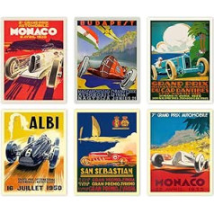 WallBUddy 6 automašīnu sacīkšu Grand Prix plakātu komplekts F1 plakāts Formula 1 plakāts Automašīnu sacīkšu druka Motorsacīkšu plakāts 1930., 1936., 1937., 1952., 1966., 1970. gads (40 cm x 50 cm)