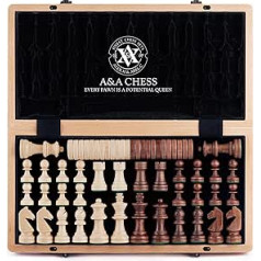 A&A 15 inch Wooden Folding Chess & Checkers Set w/ 3 Inch King Height Staunton Chess Pieces / 2 Extra Queens