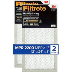 Filtrete 12x24x1 Air Filter MPR 2200 MERV 13, Healthy Living Elite Allergens, 2 Pack (Exact Dimensions 11.69 x 23.69 x 0.78)