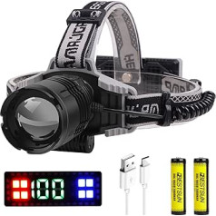 ‎Xlentgen XLENTGEN Headlamp LED Rechargeable 10000 Lumen Super Bright XHP70.2 Head Torch with Rear Warning Light, IPX5 Waterproof, 4 Modes Powerful Head Torch for Camping, Hiking, Hunting