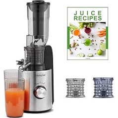 AMZCHEF 250 W Juicer Slow Juicer 85 mm Wide Shaft - Juicer Vegetable and Fruit Test Winner - Slow Juicer Machine with 2 Patented Filters, Quiet Motor, Reverse Function - Silver