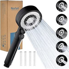 Nafall Shower Head with 4 PP Filters, Hand Shower, Water-Saving, Shower Head with 5 Jet Types, High Pressure, Economy Shower Head, Rain Shower, Stop Function, Black (Without Hose and Holder)