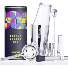 Boston Shaker Set Glas Cocktailshaker, Cocktail Shaker Glass Edelstahl Set Geschenk für Frauen Männer, Bosten Shaker Glas Barkeeper Set Profi ar Hawthorne Strainer un Barmender Cocktails Zubehör