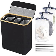 BRIAN & DANY Laundry Basket 3 Compartments with Lid Laundry Hamper Laundry Sorting System Removable Water-Repellent Foldable Laundry Box Slim Laundry Basket 145 L for the Family Black