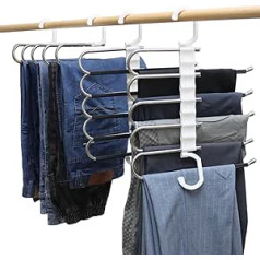 WudTus Trouser Hangers Space Saver 3 Pack Non-Slip Pants Hangers for Closet Organizer and Storage, 5 Tier Stainless Steel Foldable Skirt Hangers, Coat Rack for Scarf, Jeans,